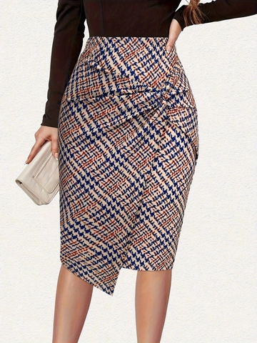 Women Elegant High Waist Houndstooth Midi Skirt Twist Knot Asymmetric Wrap Pencil Skirt For Commute Office Casual Fashion Bottom