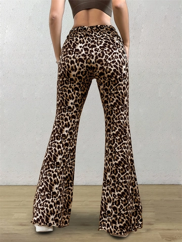 Women Sexy Leopard Print Flare Pants High Waist Elastic Flared Leg Trousers Casual Fashion Long Bell Bottom Pants