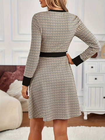 Damen Elegant Hahnentritt Strickkleid Langarm Rundhalsausschnitt Slim Fit Midikleid Mit Zierknöpfen Vintage Business Kleid