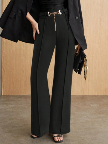 Women High Waist Straight Leg Pants With Metal Chain Belt Tassel Elegant Office Commute Solid Wide Leg Trousers Spring Autumn