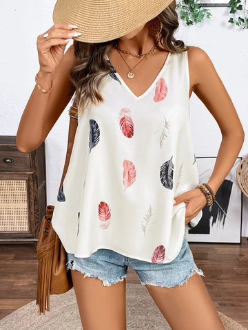 Damen Bohemian Feder Druck Ärmellos V-Ausschnitt Tanktop Mit Spitzen镂空 Rücken Casual Sommer Strand Top