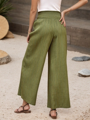 Pantalones de Pierna Ancha de Cintura Alta para Mujer con Cintura Elástica Fruncida Textura Plisada Pantalones Casuales de Vacaciones de Verano Color Sólido