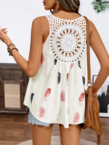 Damen Bohemian Feder Druck Ärmellos V-Ausschnitt Tanktop Mit Spitzen镂空 Rücken Casual Sommer Strand Top