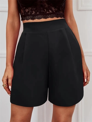Pantalones Cortos Formales de Cintura Alta para Mujer Color Sólido Pierna Ancha Casual Tejidos Plisados Negro Commuter Oficina Mujer Pantalones Cortos