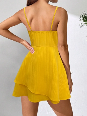 Abito Mini da Donna Casual Senza Maniche con Fiocco Estate Spiaggia Vacanza Spalline Sottili a Trapezio Schiena Scoperta Giallo