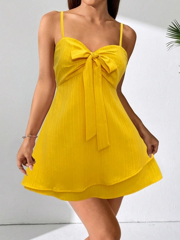 Abito Mini da Donna Casual Senza Maniche con Fiocco Estate Spiaggia Vacanza Spalline Sottili a Trapezio Schiena Scoperta Giallo