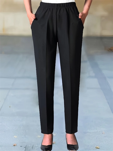 Women High Waist Casual Pencil Pants Elastic Waist Slim Fit Trousers With Button Decor Office Lady Commuter Work Pants