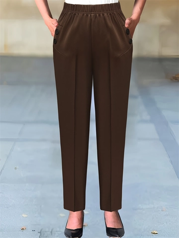 Women High Waist Casual Pencil Pants Elastic Waist Slim Fit Trousers With Button Decor Office Lady Commuter Work Pants