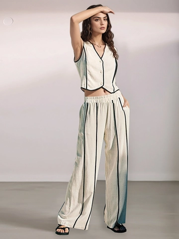Dames Elegant Gestreepte Viscose Linnen Tweeledige Set Mouwloze Vest Top En Wijde Pijpen Broek Top And Bottom Set