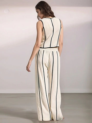 Dames Elegant Gestreepte Viscose Linnen Tweeledige Set Mouwloze Vest Top En Wijde Pijpen Broek Top And Bottom Set