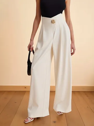 Pantaloni Donna Eleganti Vita Alta Gamba Larga Vita Irregolare Avvolgente Pantaloni Lunghi Lavoro Con Bottone Oro