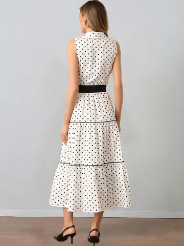 Robe Maxi à Étages Sans Manches à Pois pour Femmes Élégante Revers Boutonnée Avec Ceinture pour Vacances d'Été Fête
