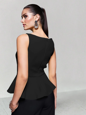 Women Elegant Sleeveless Peplum Top Round Neck Solid Black Blouse With Metal Bit Belt Business Casual Office Wear
