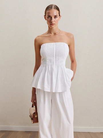 Completo Donna Elegante in Rayon Bianco Top a Fascia Plissettato e Pantaloni Lunghi a Gamba Larga a Vita Alta Completo Estivo