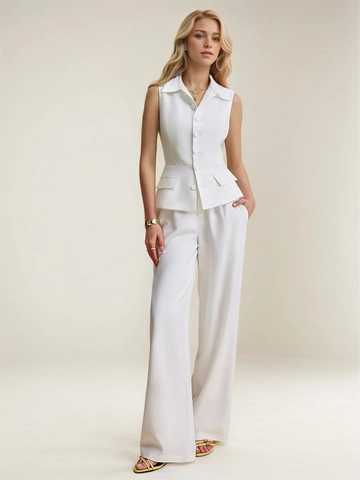 Damen Elegant Weiß Weste Oberteil Und Unterteil Set Ärmellos Revers Schlanke Passform Weste Weites Bein Hose Mode Outfits