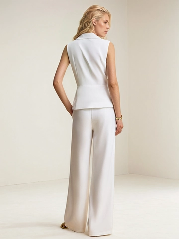 Damen Elegant Weiß Weste Oberteil Und Unterteil Set Ärmellos Revers Schlanke Passform Weste Weites Bein Hose Mode Outfits