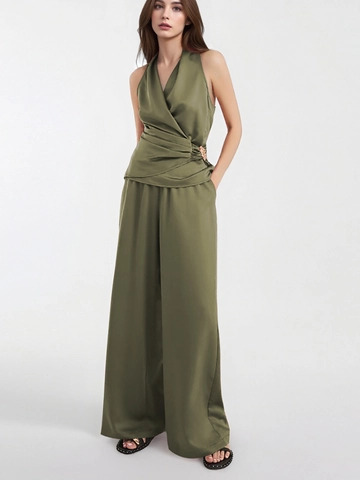Top Cruzado Halter de Satén para Mujer y Pantalones de Pierna Ancha de Cintura Alta Conjunto Elegante de Verano