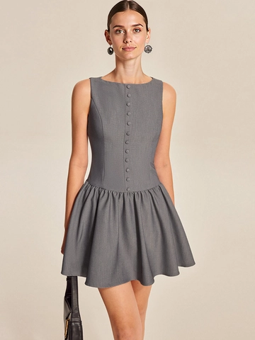 Robe Mini Trapèze Sans Manches pour Femme avec Col Rond et Boutons Élégante Couleur Unie Été Décontractée