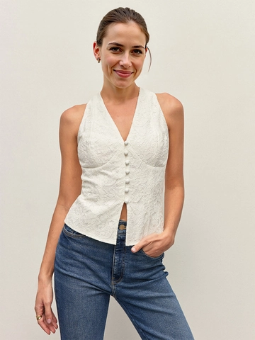 Dames Elegant Wit Kant V-hals Mouwloos Vest Top Enkele Rij Knoppen Slim Fit Bloemen Halter Vest Mode Zomer Kleding