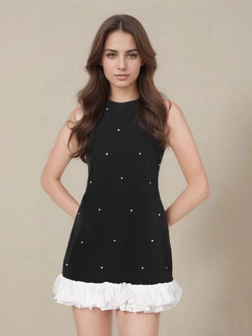 Elegante Vestido Mini Sin Mangas Cuello Halter Mujer Patchwork Negro Blanco Volante Diamantes de Imitación Vestido Fiesta