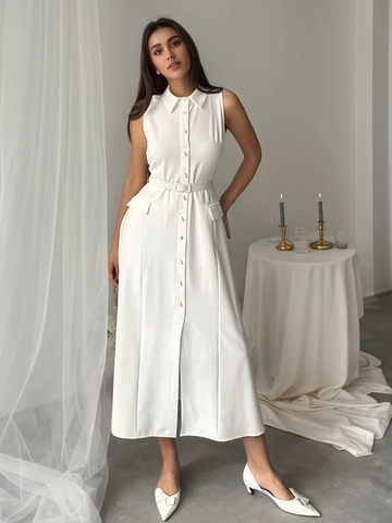 Damen Elegantes Ärmelloses Weißes Midi-Hemdkleid Mit Künstliche Perlenknöpfen Und Gürtel Einfarbig Büro Pendler A-Linien Kleid