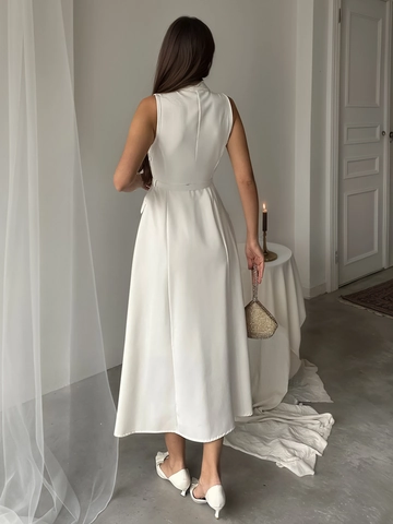 Damen Elegantes Ärmelloses Weißes Midi-Hemdkleid Mit Künstliche Perlenknöpfen Und Gürtel Einfarbig Büro Pendler A-Linien Kleid