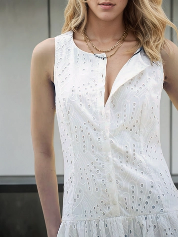 Damen Ärmellos Weiß Ösenstickerei Mini Kleid Elegant Viskose Vorne Knöpfe Rüschensaum Kurz Sommer Sonnenkleid