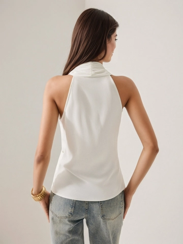 Top Halter da Donna in Raso Francese Scollo a V Senza Maniche Elegante Camicia Slim Fit con Fibbia in Metallo Bianco Estate