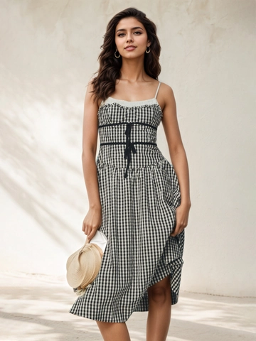 Dames Franse Retro Gingham Spaghettibandjes Jurk Ruffle Strik Hoge Taille A-Lijn Midi Jurk Zomer Vakantie Elegante Outfit