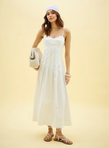 Women Summer White Fishbone Corset Maxi Dress Sleeveless Pleated A-Line Elegant Evening Gown For Vacation Party Beach Dress