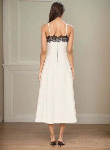 Robe Maxi Cami Élégante Blanc Cassé pour Femme avec Contraste en Dentelle Été Sexy Épaules Dénudées Patchwork Longue Robe