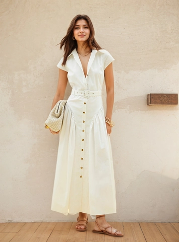 Abito da Donna Elegante Francese con Revers a Camicia Monopetto Manica Corta Abito Maxi Con Cintura Bianco Tinta Unita