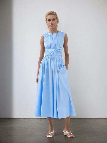 Vestido Midi de Mujer Elegante Azul Claro Sin Mangas Cuello Redondo Cintura Plisada Línea A Vestido de Verano Oficina Fiesta