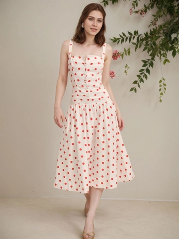 Robe Midi Vintage Française à Pois pour Femmes Col Carré Sans Manches Taille Haute Bouton Décoratif Robe d'Été Élégante