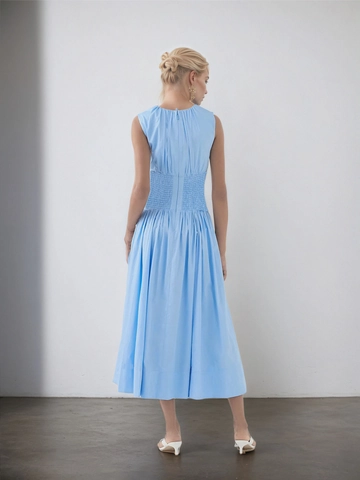 Vestido Midi de Mujer Elegante Azul Claro Sin Mangas Cuello Redondo Cintura Plisada Línea A Vestido de Verano Oficina Fiesta
