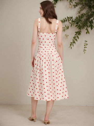 Robe Midi Vintage Française à Pois pour Femmes Col Carré Sans Manches Taille Haute Bouton Décoratif Robe d'Été Élégante