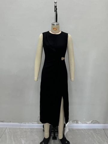 Vestido Midi sin Mangas Elegante para Mujer Color Sólido Negro Cintura Fruncida Abertura Alta Cuello Redondo Corte Ajustado Fiesta