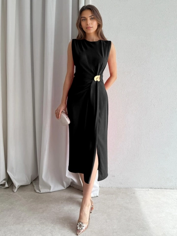 Vestido Midi sin Mangas Elegante para Mujer Color Sólido Negro Cintura Fruncida Abertura Alta Cuello Redondo Corte Ajustado Fiesta