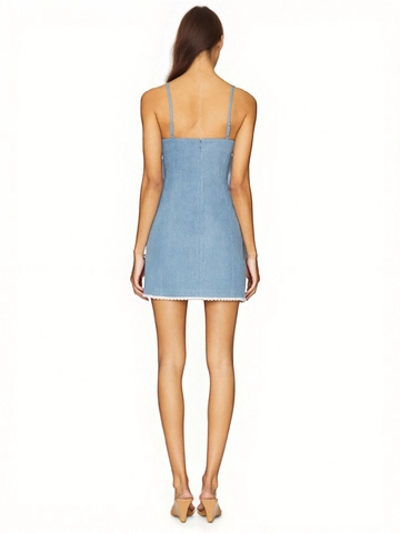 Élégante Robe Courte Caraco Style Denim Bleu Clair pour Femmes Dentelle Patchwork Coupe Ajustée Sans Manches Été