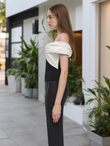 Women Elegant Black White Contrast Satin Twist Off Shoulder Top Slim Fit Summer Strapless Patchwork Blouse Shirt