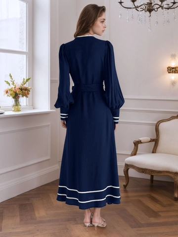 Abito Maxi da Donna Elegante con Scollo a V Blu Marino Manica Lunga a Lanterna con Cintura Finiture a Righe Bianche a Contrasto con Bottoni per Feste