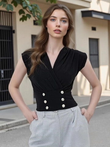 Elegant Women V Neck Sleeveless Top Slim Fit Double Breasted Metal Button Vest Office Casual Solid Color Short Tank Top