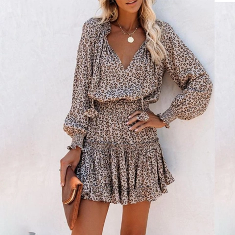 Women's V Neck Long Sleeve Floral Print Mini Dress Elegant High Waist A Line Chiffon Style Ruffle Hem Contrast Color Party Dress