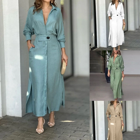 Women Elegant V-Neck Shirt Dress Long Sleeve Solid Color High Waist Belt Side Slit Maxi Dress Commuting Fashion Long Skirt