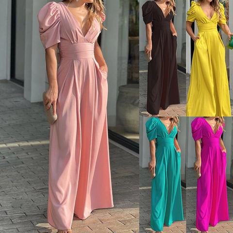 Elegante Tuta con Scollo a V Profondo e Maniche a Sbuffo Tuta da Donna Sexy Senza Schienale a Vita Alta Tinta Unita Un Pezzo con Tasche