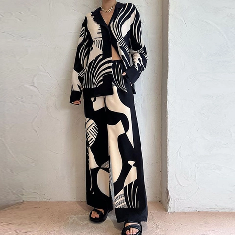 Vrouwen Mode Bedrukt Cardigan Met Knopen Top And Bottom Set Casual Losse Commuter Lange Mouwen Twee Delige Outfits