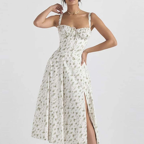 French Vintage Polyester Floral Print Suspender Dress For Women Summer Vacation Party Ruched Bust High Split Midi Dress