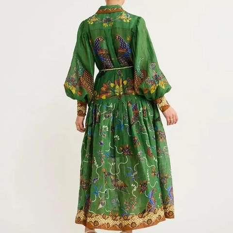Women Bohemian Floral Print Maxi Dress Lantern Long Sleeve High Waist Elegant Tiered Swing Vacation Shirt Dress For Ladies