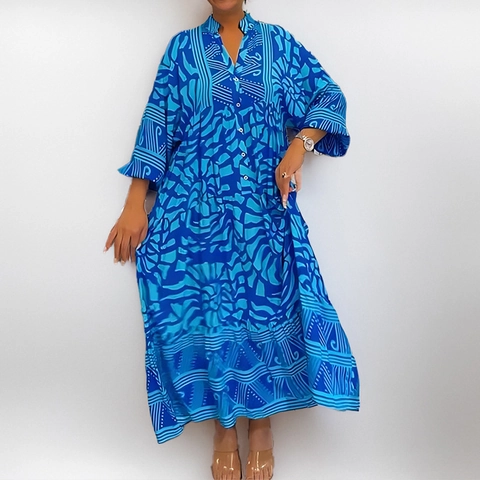 Women's V-Neck Abstract Print Maxi Dress Long Sleeve Loose Casual Vacation Kaftan Style Boho Tiered Long Dress