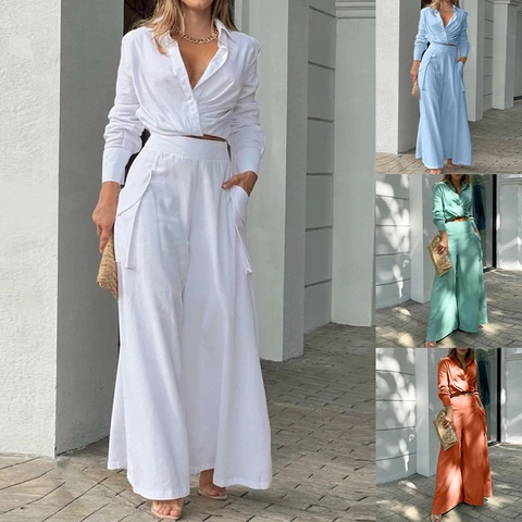 Dames Casual Effen Kleur Lange Mouw Cropped Shirt En Hoge Taille Wijde Pijpen Cargo Broek Elegant Outfit